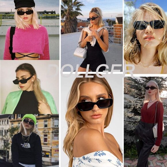 Trendy Rectangle 2 Black Sunglasses Women Men Retro Square Fashion Shades - Picture 2 of 5